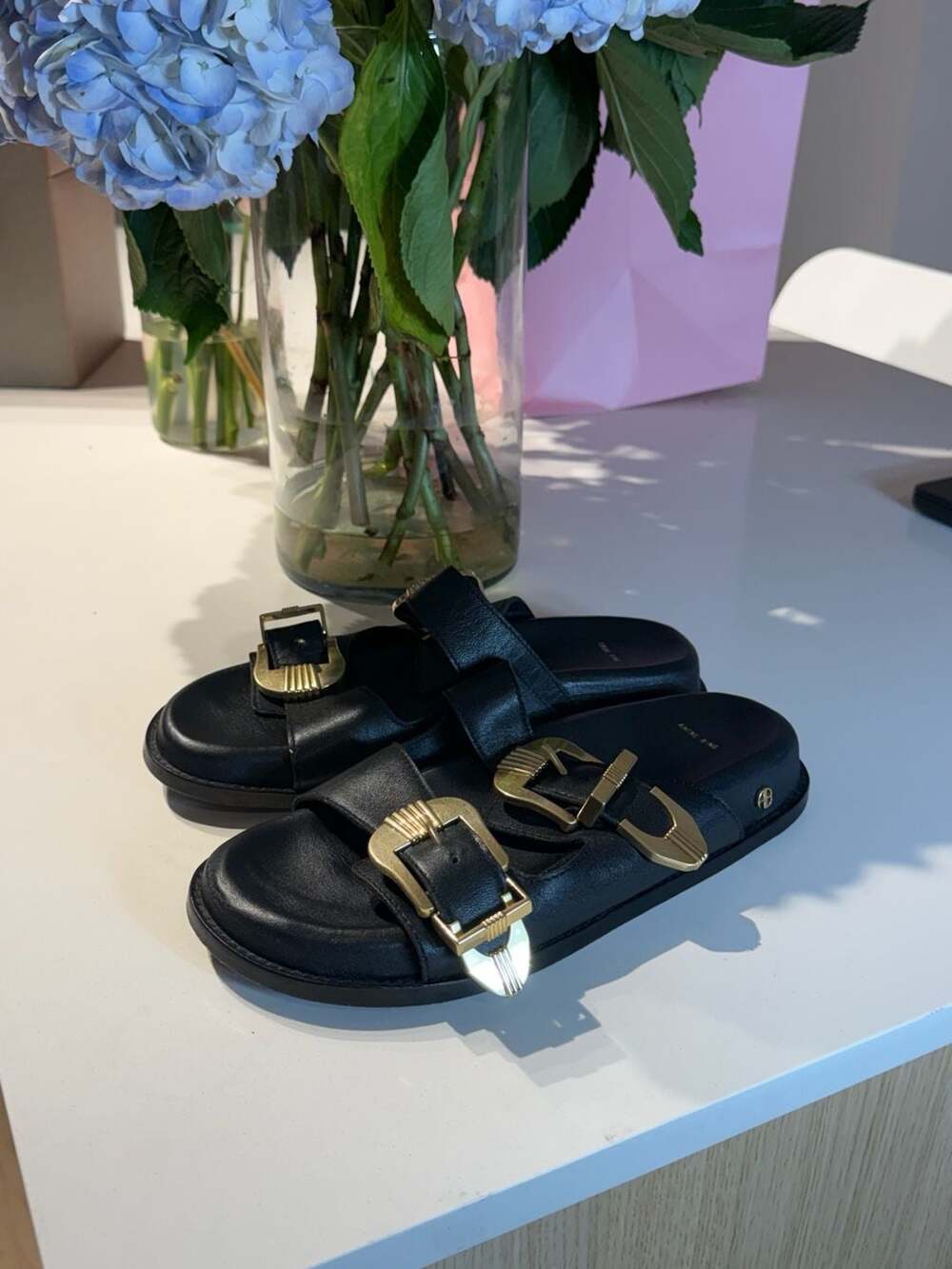 ANINE BING Waylon Leather Buckle Slides